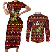 Santassic Park Santa Claus Christmas Couples Matching Short Sleeve Bodycon Dress and Long Sleeve Button Shirt Xmas Holiday Patterns - Wonder Print Shop