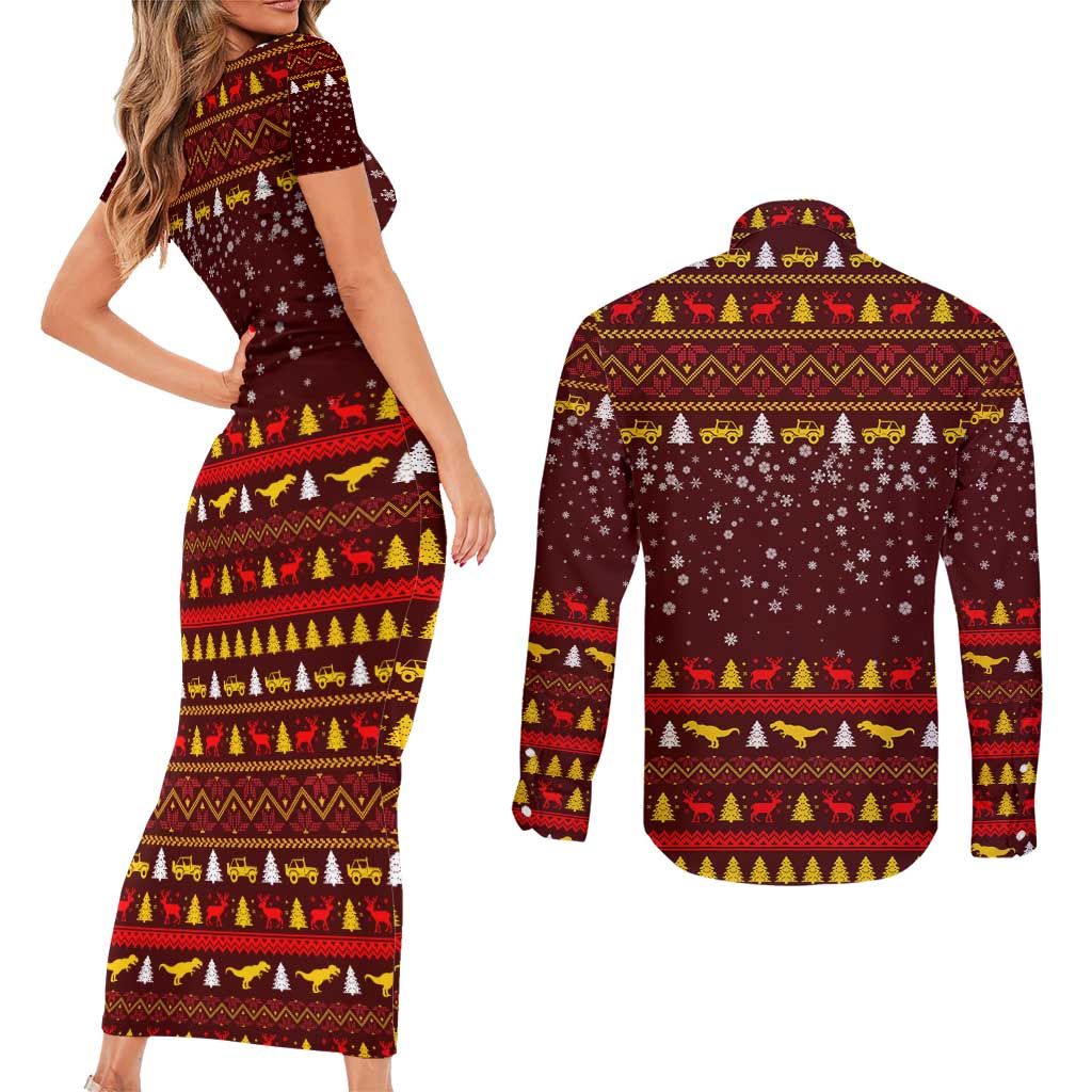 Santassic Park Santa Claus Christmas Couples Matching Short Sleeve Bodycon Dress and Long Sleeve Button Shirt Xmas Holiday Patterns - Wonder Print Shop