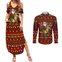 Santassic Park Santa Claus Christmas Couples Matching Summer Maxi Dress and Long Sleeve Button Shirt Xmas Holiday Patterns - Wonder Print Shop