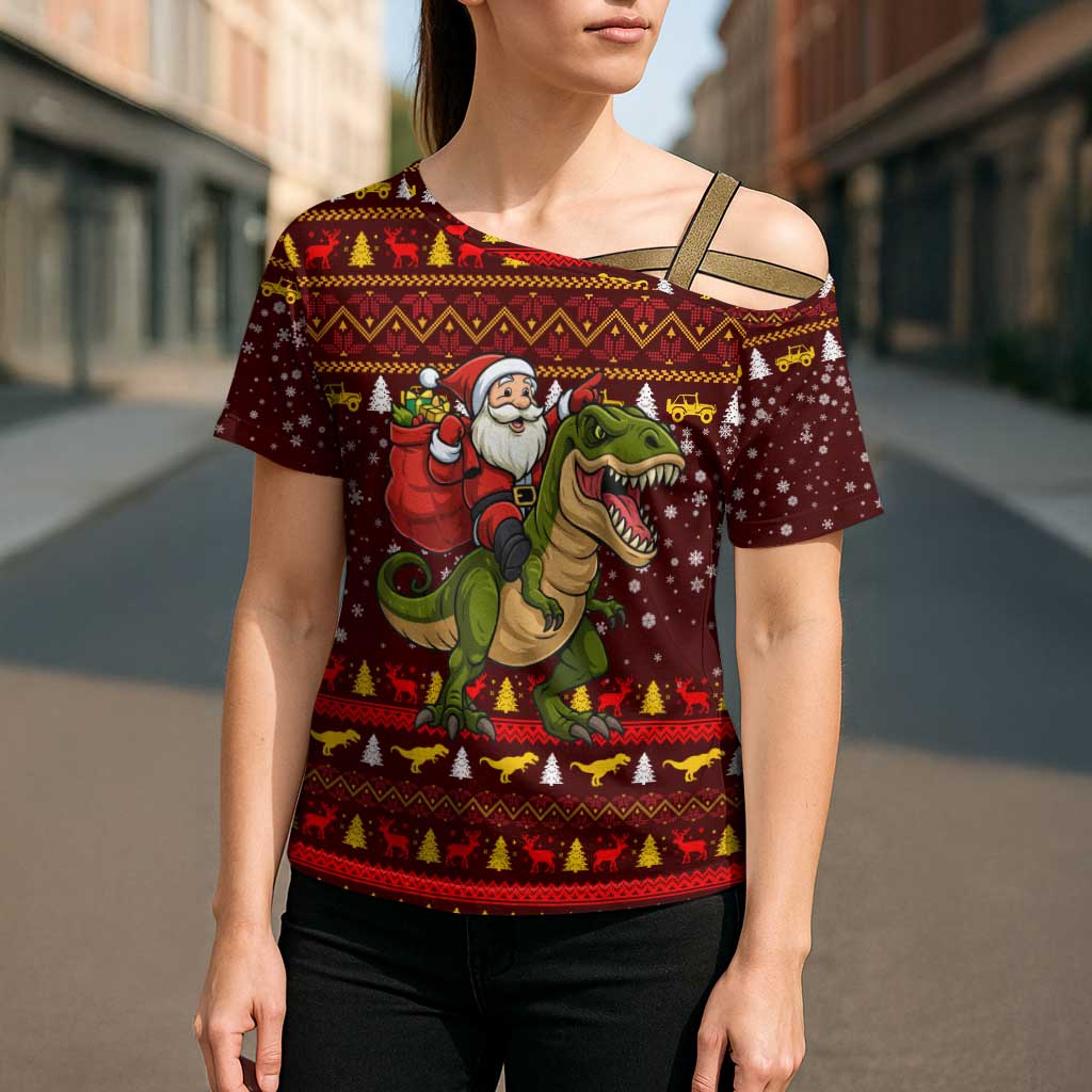 Santassic Park Santa Claus Christmas Cross Shoulder Shirt Xmas Holiday Patterns - Wonder Print Shop