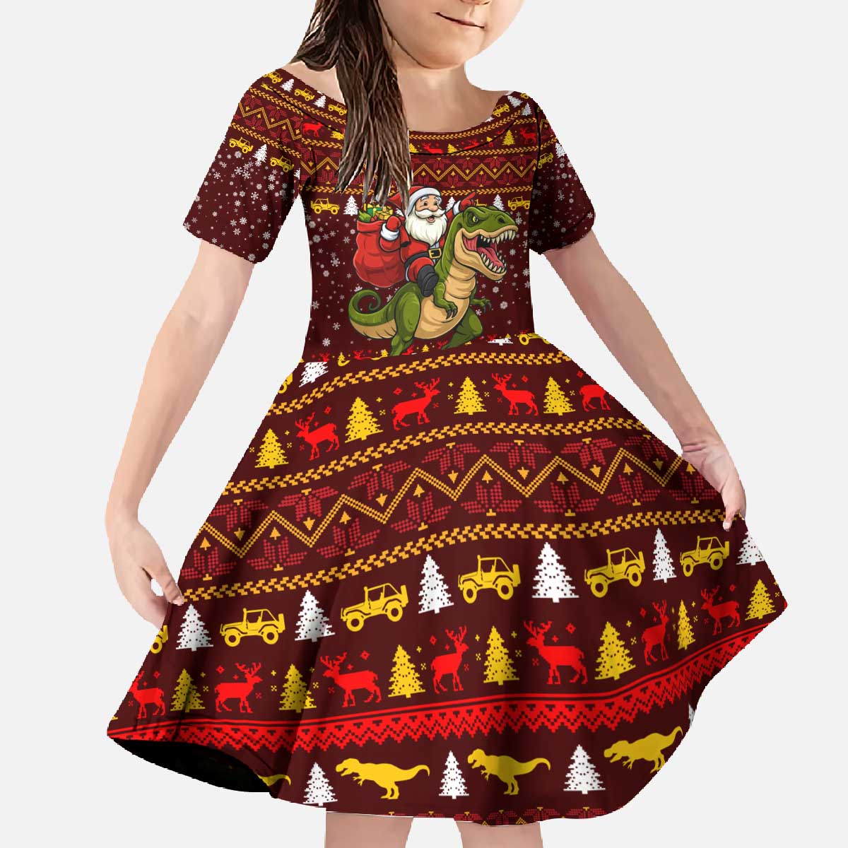Santassic Park Santa Claus Christmas Family Matching Off The Shoulder Long Sleeve Dress and Hawaiian Shirt Xmas Holiday Patterns - Wonder Print Shop