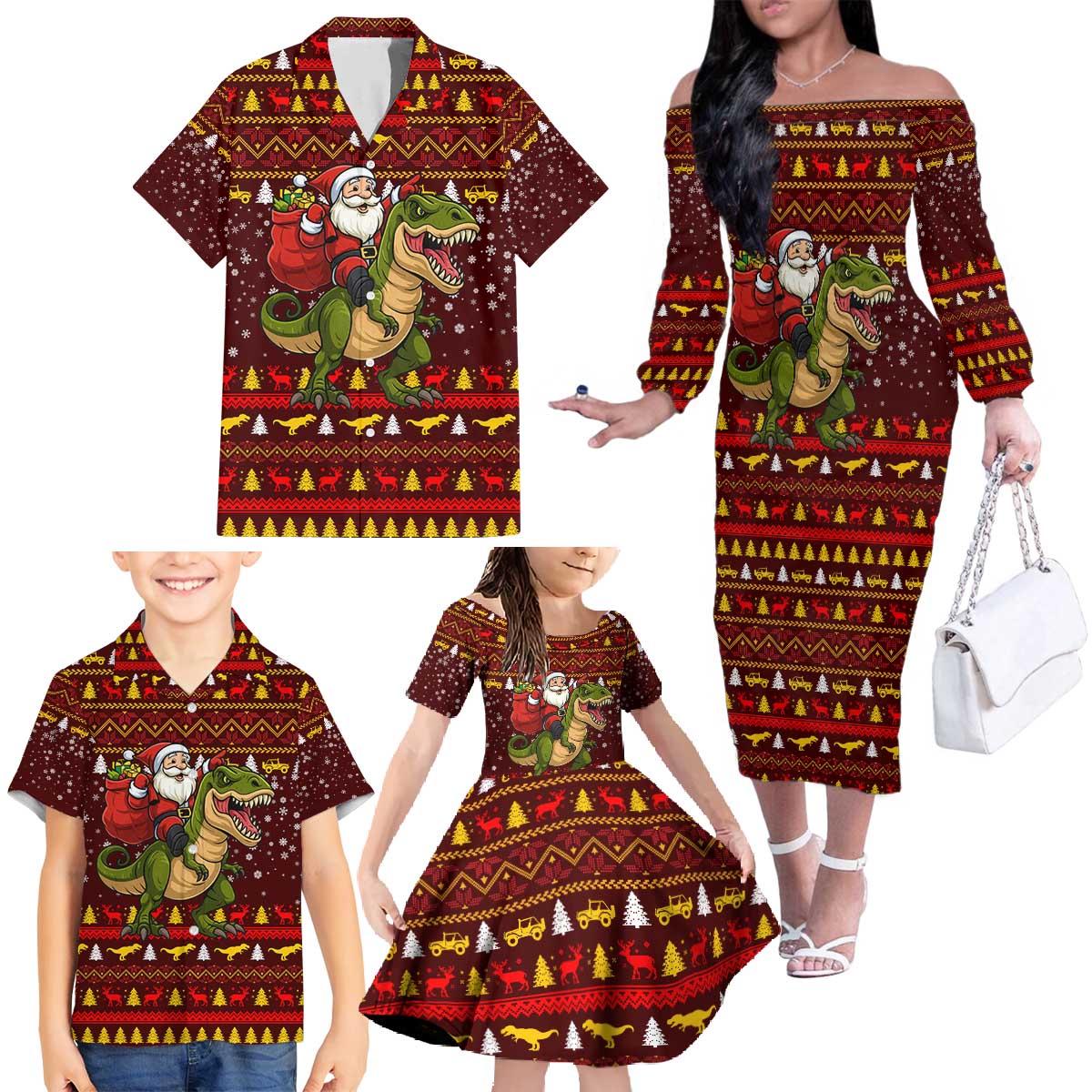 Santassic Park Santa Claus Christmas Family Matching Off The Shoulder Long Sleeve Dress and Hawaiian Shirt Xmas Holiday Patterns - Wonder Print Shop