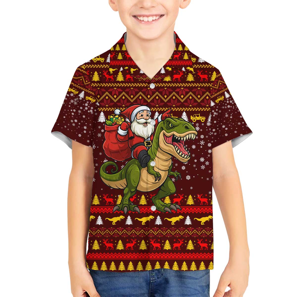 Santassic Park Santa Claus Christmas Family Matching Off The Shoulder Long Sleeve Dress and Hawaiian Shirt Xmas Holiday Patterns - Wonder Print Shop