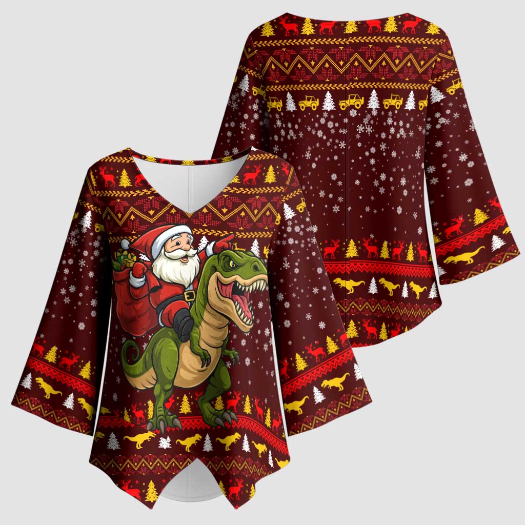 Santassic Park Santa Claus Christmas Kimono Sleeve Blouse Xmas Holiday Patterns - Wonder Print Shop