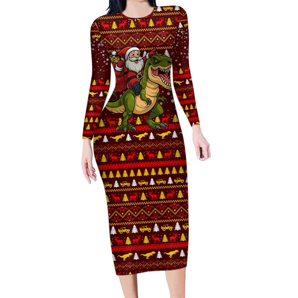 Santassic Park Santa Claus Christmas Long Sleeve Bodycon Dress Xmas Holiday Patterns - Wonder Print Shop