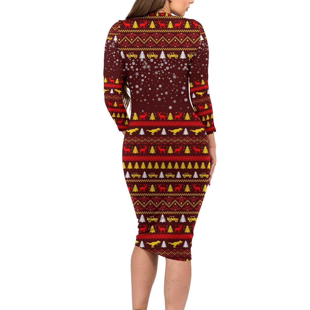 Santassic Park Santa Claus Christmas Long Sleeve Bodycon Dress Xmas Holiday Patterns - Wonder Print Shop