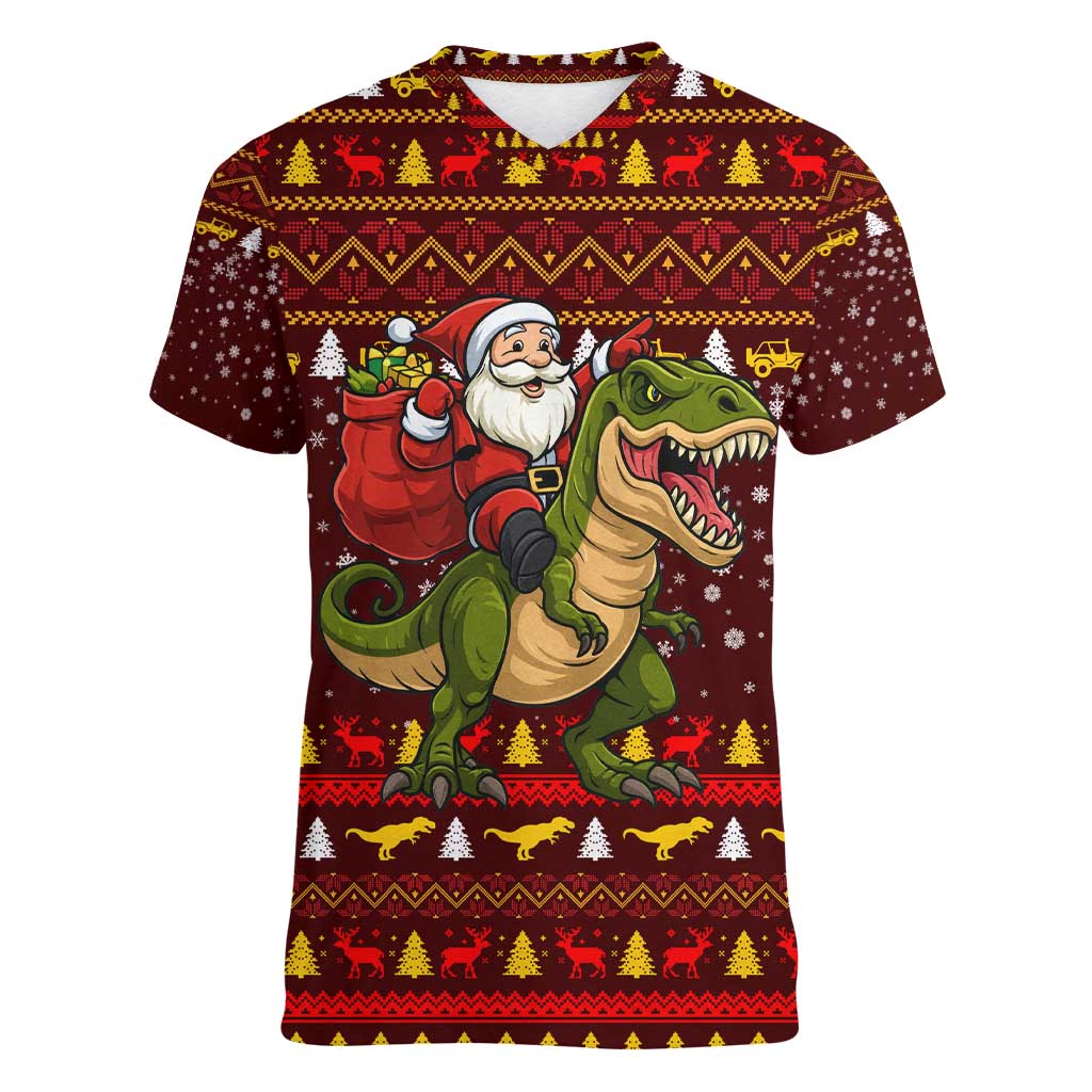 Santassic Park Santa Claus Christmas Women V-Neck T-Shirt Xmas Holiday Patterns - Wonder Print Shop