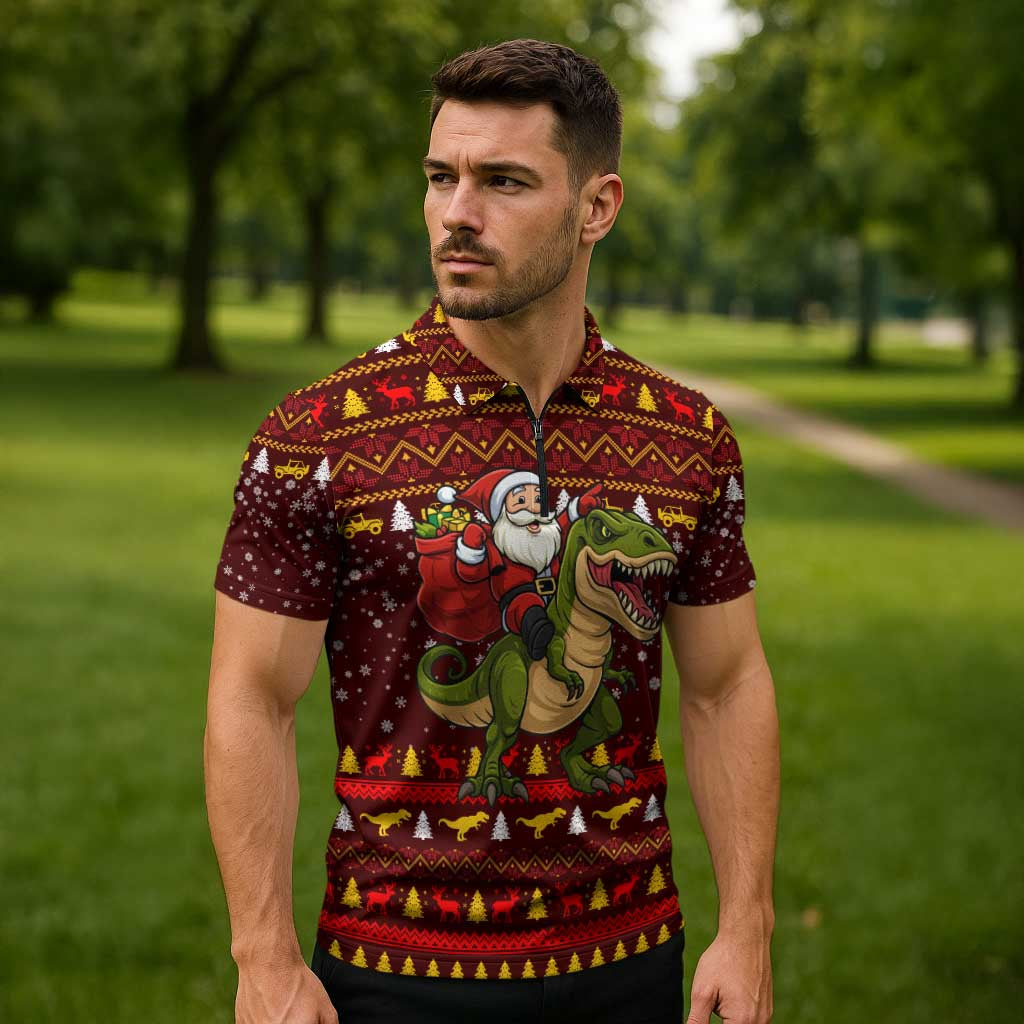 Santassic Park Santa Claus Christmas Zipper Polo Shirt Xmas Holiday Patterns - Wonder Print Shop