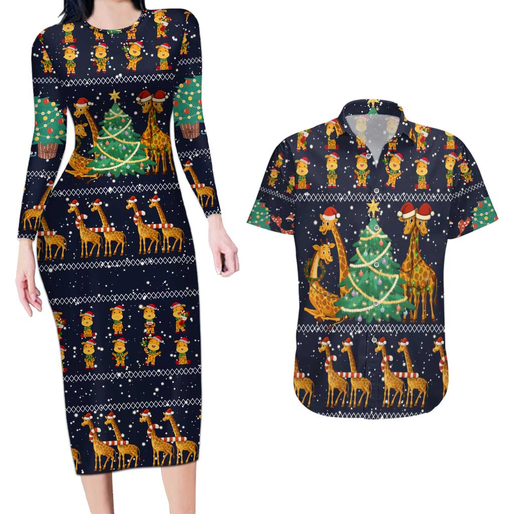 Love Giraffe Christmas Couples Matching Long Sleeve Bodycon Dress and Hawaiian Shirt Xmas Holiday Patterns - Wonder Print Shop