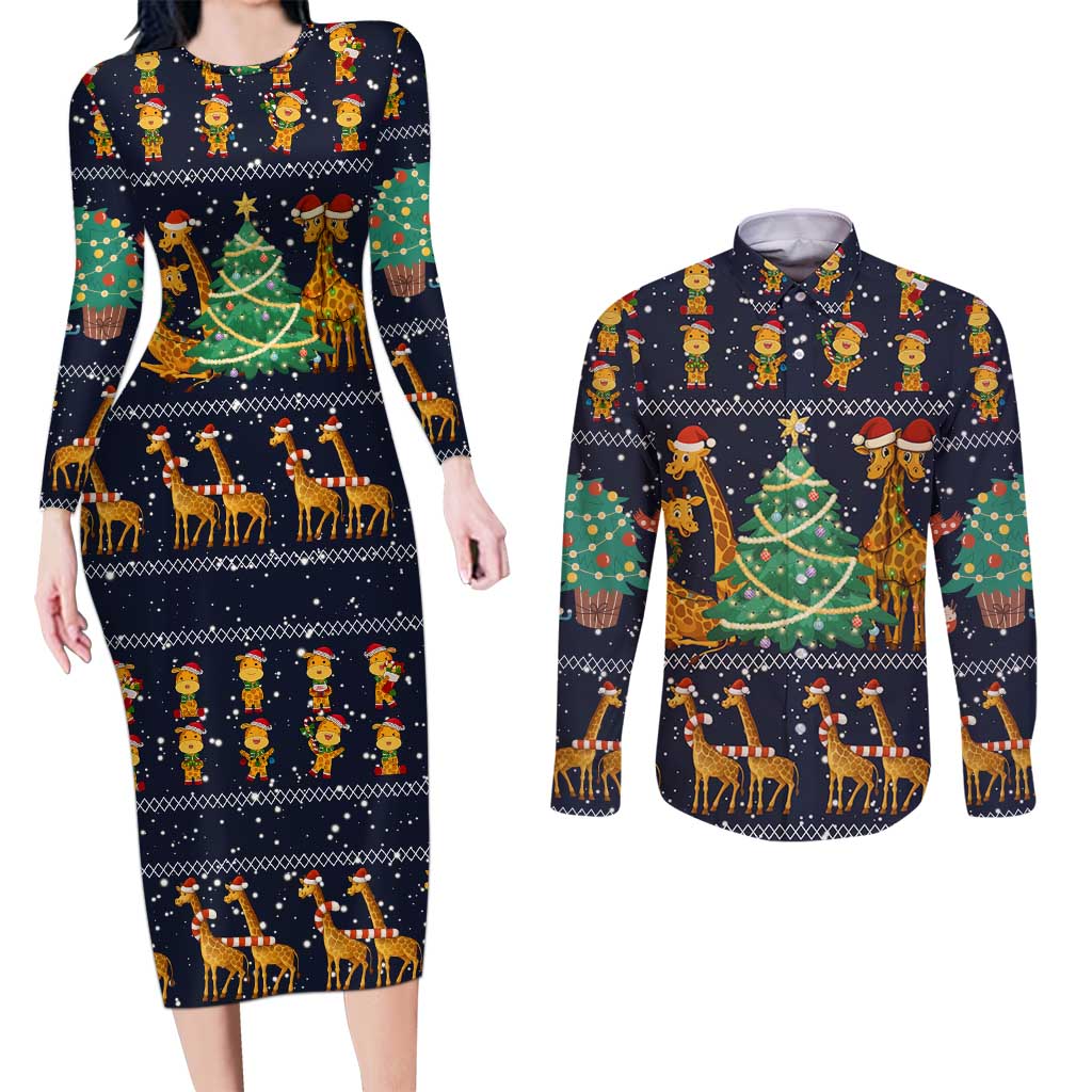 Love Giraffe Christmas Couples Matching Long Sleeve Bodycon Dress and Long Sleeve Button Shirt Xmas Holiday Patterns - Wonder Print Shop