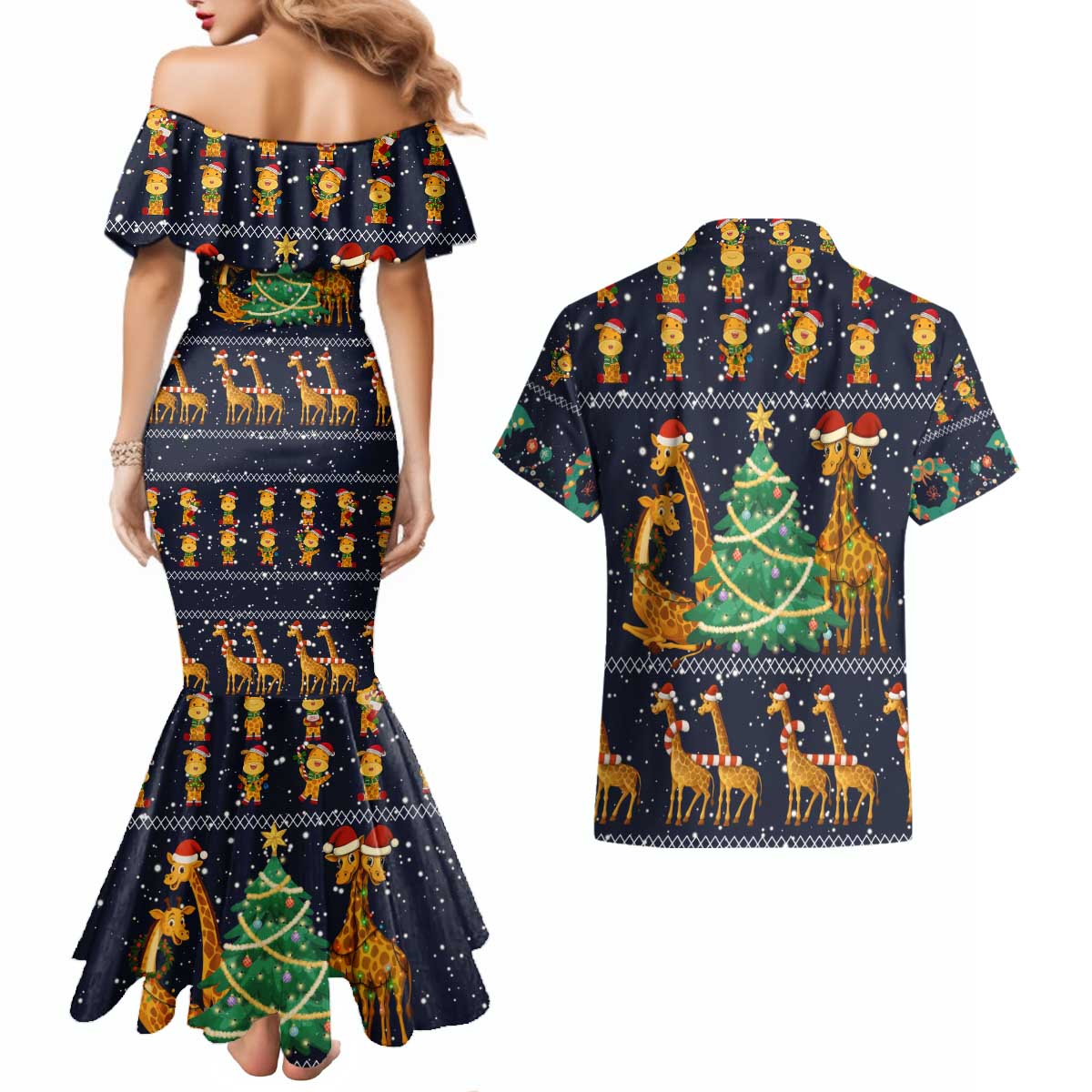 Love Giraffe Christmas Couples Matching Mermaid Dress and Hawaiian Shirt Xmas Holiday Patterns - Wonder Print Shop