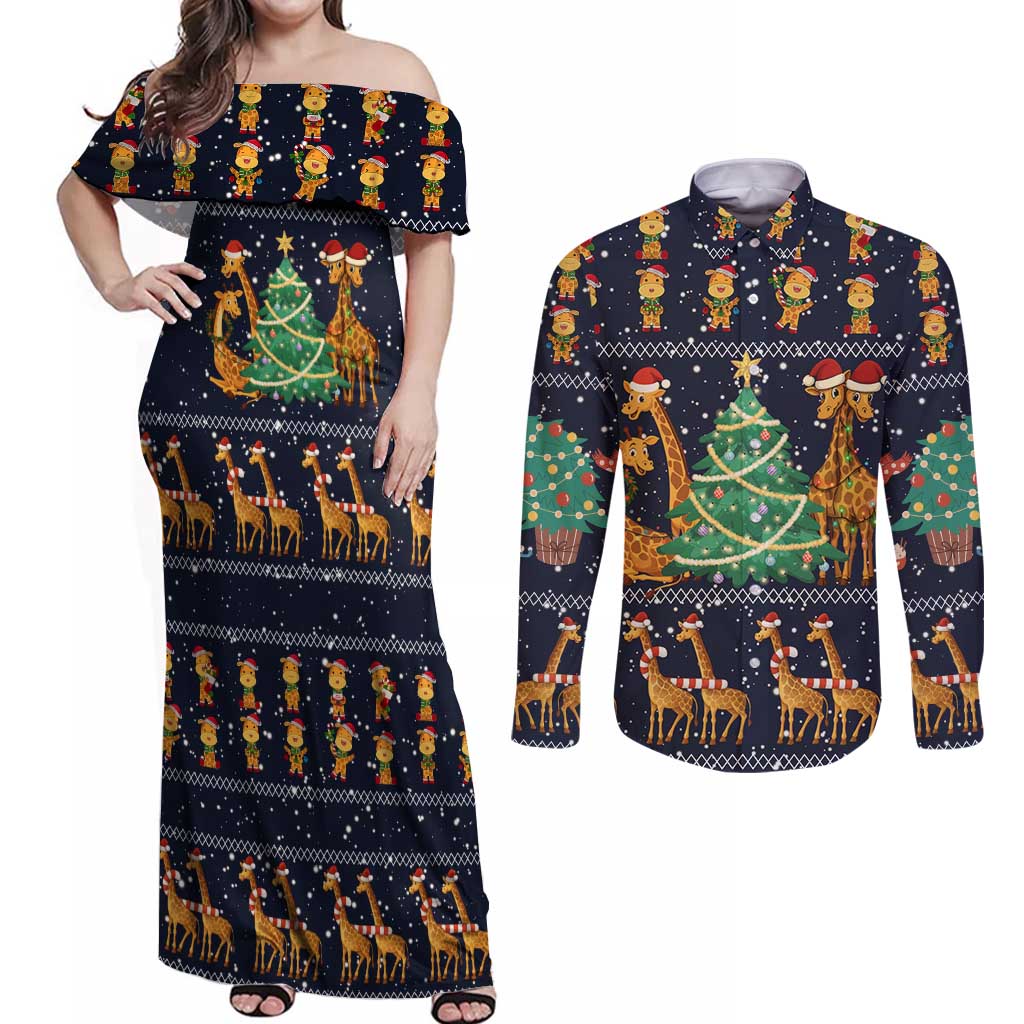 Love Giraffe Christmas Couples Matching Off Shoulder Maxi Dress and Long Sleeve Button Shirt Xmas Holiday Patterns - Wonder Print Shop