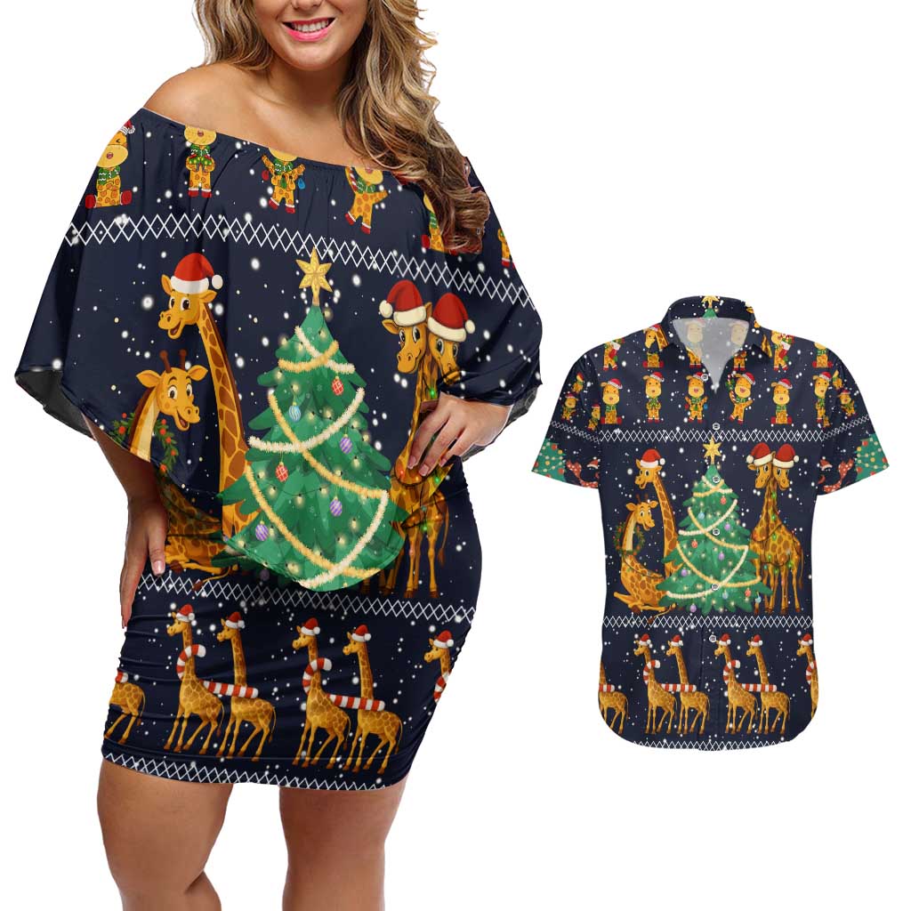 Love Giraffe Christmas Couples Matching Off Shoulder Short Dress and Hawaiian Shirt Xmas Holiday Patterns - Wonder Print Shop
