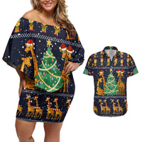 Love Giraffe Christmas Couples Matching Off Shoulder Short Dress and Hawaiian Shirt Xmas Holiday Patterns - Wonder Print Shop