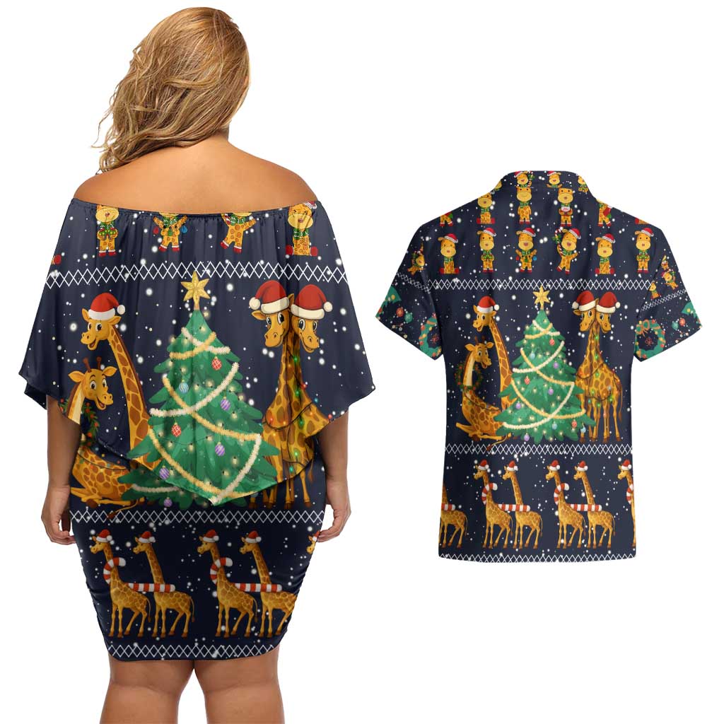 Love Giraffe Christmas Couples Matching Off Shoulder Short Dress and Hawaiian Shirt Xmas Holiday Patterns - Wonder Print Shop