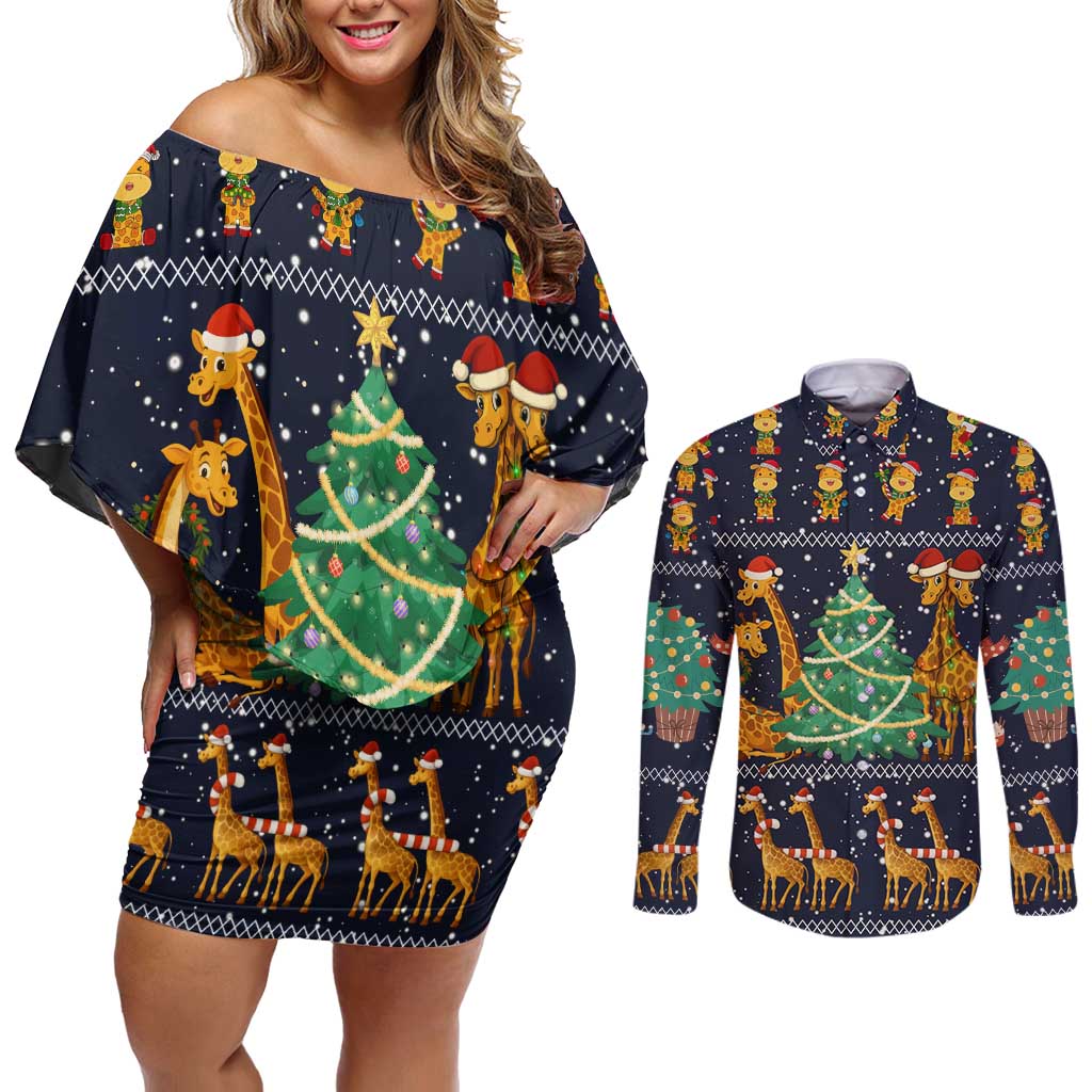 Love Giraffe Christmas Couples Matching Off Shoulder Short Dress and Long Sleeve Button Shirt Xmas Holiday Patterns - Wonder Print Shop
