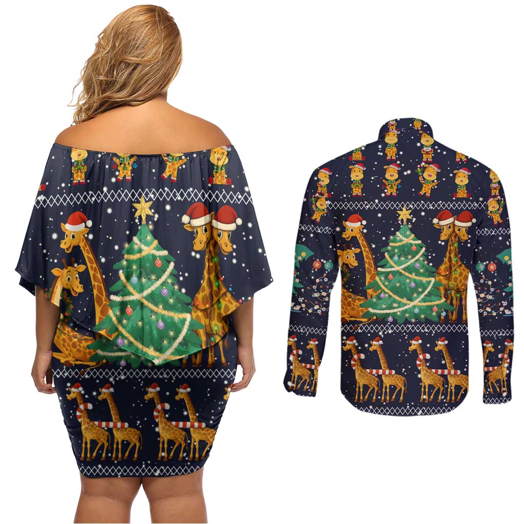 Love Giraffe Christmas Couples Matching Off Shoulder Short Dress and Long Sleeve Button Shirt Xmas Holiday Patterns - Wonder Print Shop