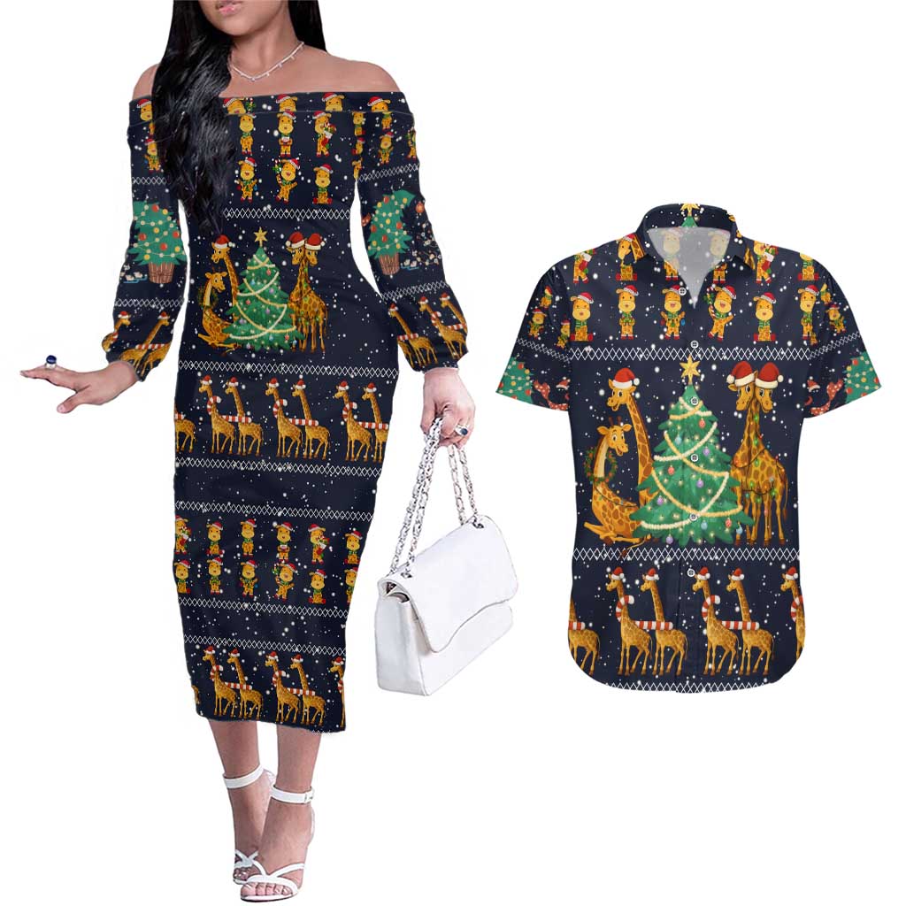 Love Giraffe Christmas Couples Matching Off The Shoulder Long Sleeve Dress and Hawaiian Shirt Xmas Holiday Patterns - Wonder Print Shop