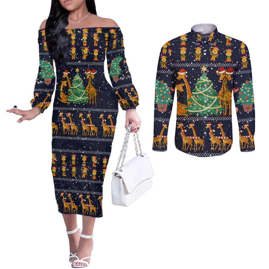 Love Giraffe Christmas Couples Matching Off The Shoulder Long Sleeve Dress and Long Sleeve Button Shirt Xmas Holiday Patterns - Wonder Print Shop