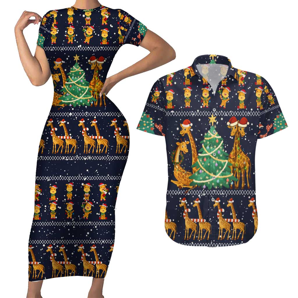 Love Giraffe Christmas Couples Matching Short Sleeve Bodycon Dress and Hawaiian Shirt Xmas Holiday Patterns - Wonder Print Shop