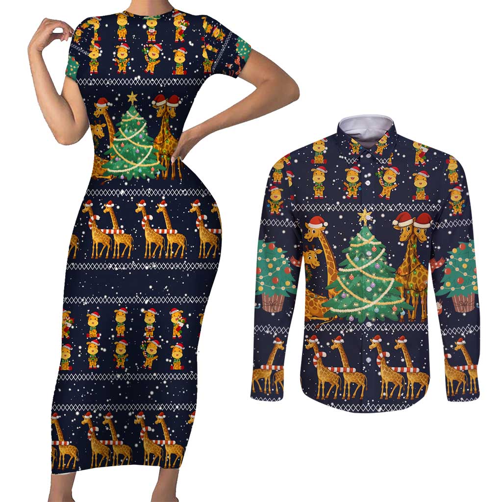 Love Giraffe Christmas Couples Matching Short Sleeve Bodycon Dress and Long Sleeve Button Shirt Xmas Holiday Patterns - Wonder Print Shop