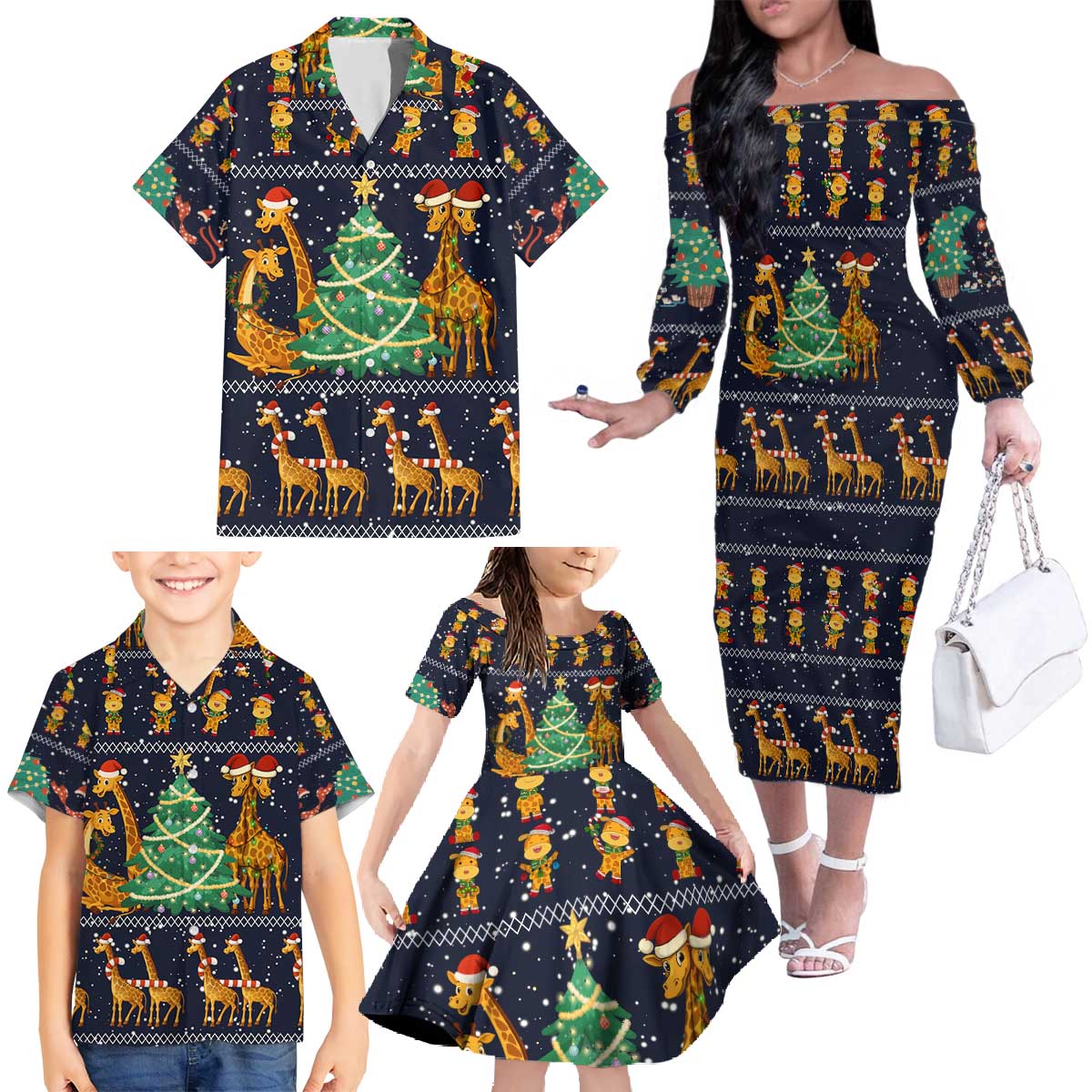 Love Giraffe Christmas Family Matching Off The Shoulder Long Sleeve Dress and Hawaiian Shirt Xmas Holiday Patterns - Wonder Print Shop