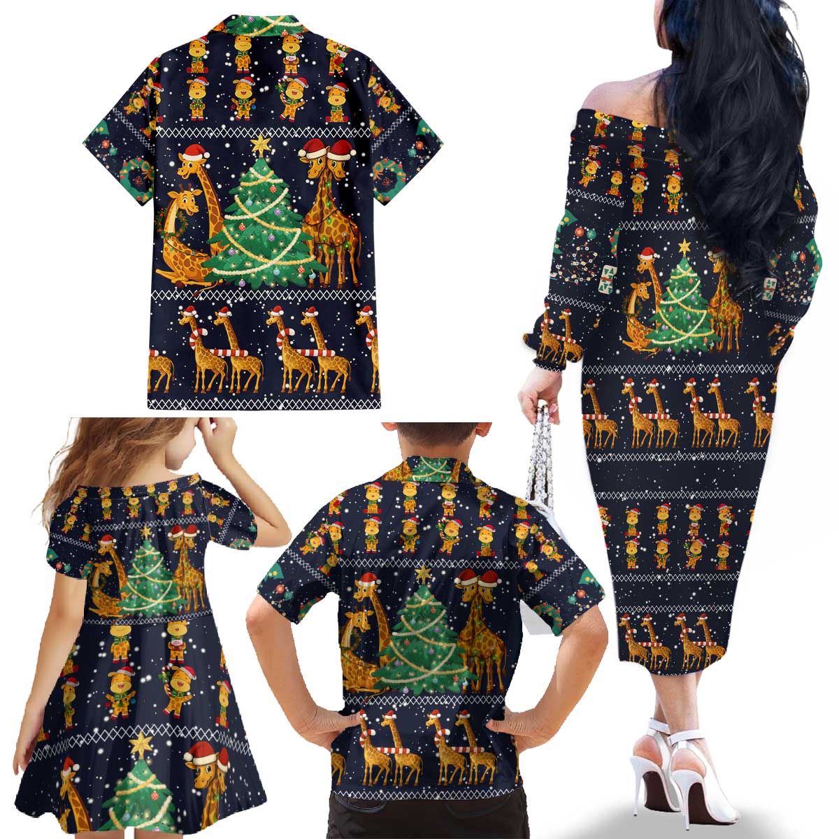 Love Giraffe Christmas Family Matching Off The Shoulder Long Sleeve Dress and Hawaiian Shirt Xmas Holiday Patterns - Wonder Print Shop