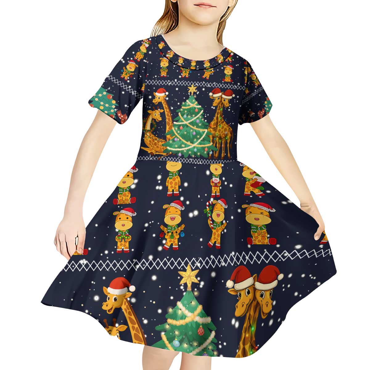 Love Giraffe Christmas Kid Short Sleeve Dress Xmas Holiday Patterns - Wonder Print Shop