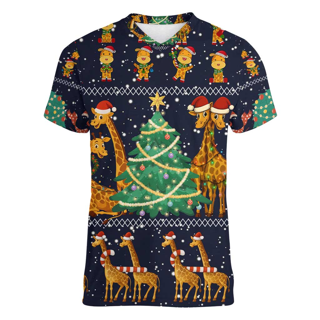 Love Giraffe Christmas Women V-Neck T-Shirt Xmas Holiday Patterns - Wonder Print Shop