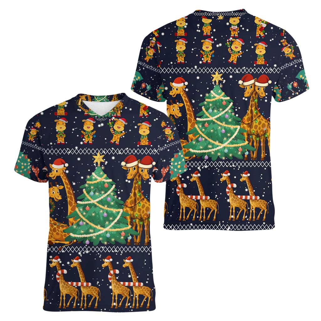 Love Giraffe Christmas Women V-Neck T-Shirt Xmas Holiday Patterns - Wonder Print Shop
