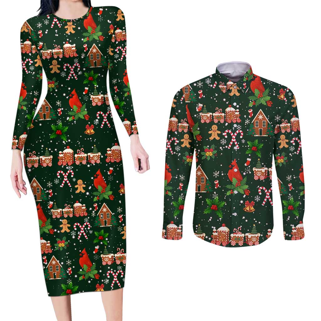 Love Cardinal Xmas Christmas Couples Matching Long Sleeve Bodycon Dress and Long Sleeve Button Shirt Xmas Holiday Patterns - Wonder Print Shop