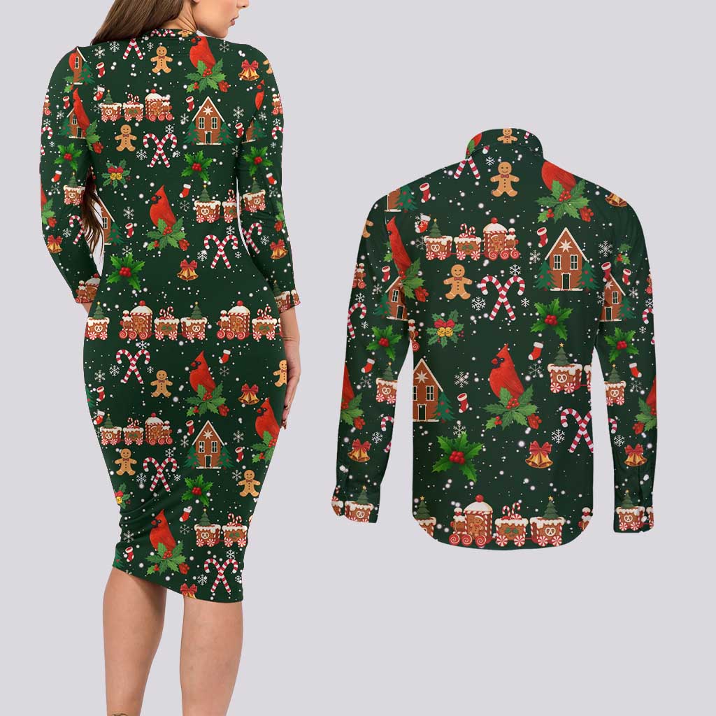 Love Cardinal Xmas Christmas Couples Matching Long Sleeve Bodycon Dress and Long Sleeve Button Shirt Xmas Holiday Patterns - Wonder Print Shop