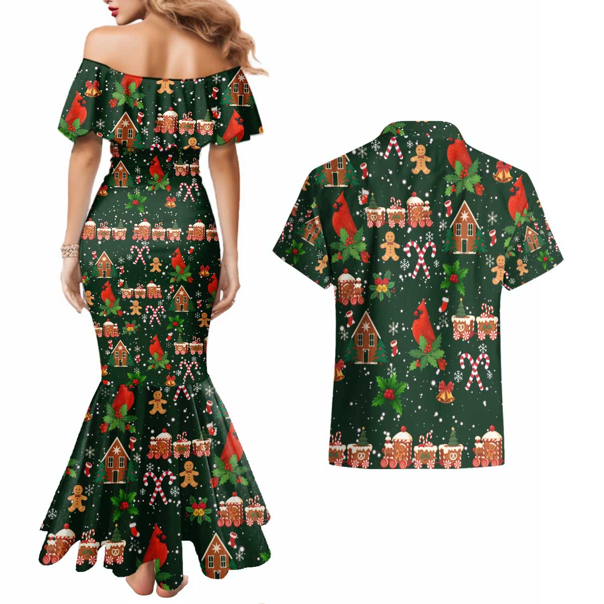 Love Cardinal Xmas Christmas Couples Matching Mermaid Dress and Hawaiian Shirt Xmas Holiday Patterns - Wonder Print Shop