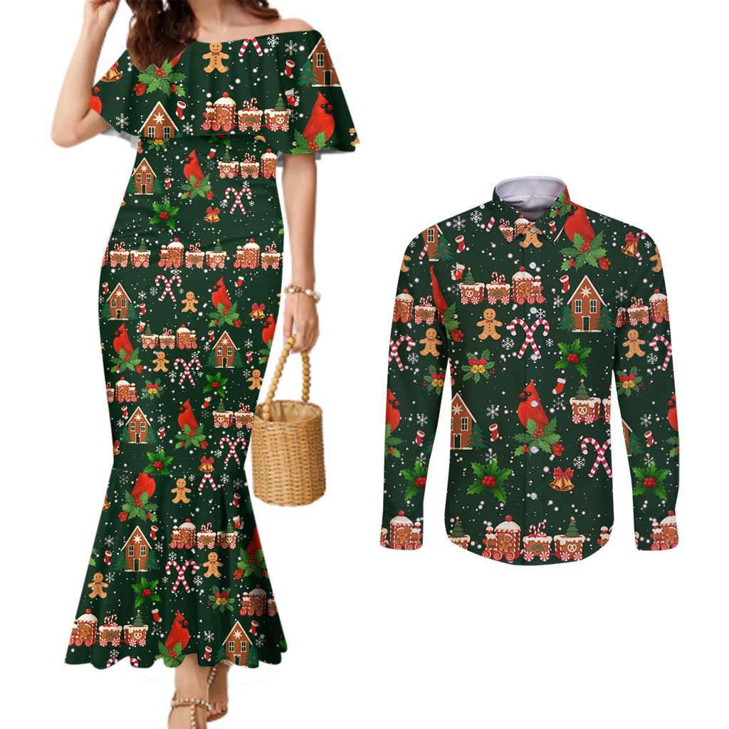 Love Cardinal Xmas Christmas Couples Matching Mermaid Dress and Long Sleeve Button Shirt Xmas Holiday Patterns - Wonder Print Shop