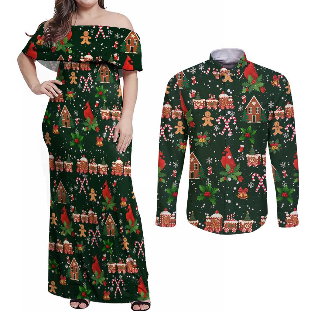 Love Cardinal Xmas Christmas Couples Matching Off Shoulder Maxi Dress and Long Sleeve Button Shirt Xmas Holiday Patterns - Wonder Print Shop