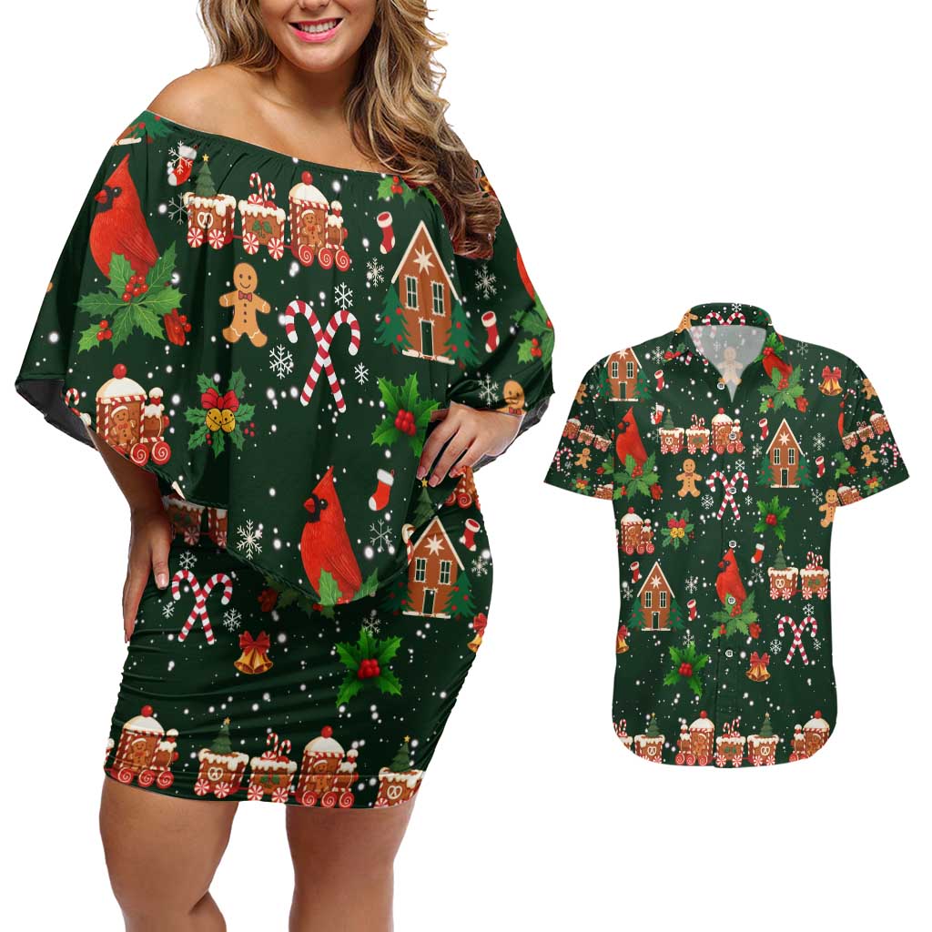 Love Cardinal Xmas Christmas Couples Matching Off Shoulder Short Dress and Hawaiian Shirt Xmas Holiday Patterns - Wonder Print Shop