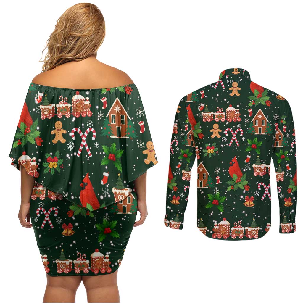 Love Cardinal Xmas Christmas Couples Matching Off Shoulder Short Dress and Long Sleeve Button Shirt Xmas Holiday Patterns - Wonder Print Shop