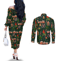 Love Cardinal Xmas Christmas Couples Matching Off The Shoulder Long Sleeve Dress and Long Sleeve Button Shirt Xmas Holiday Patterns - Wonder Print Shop