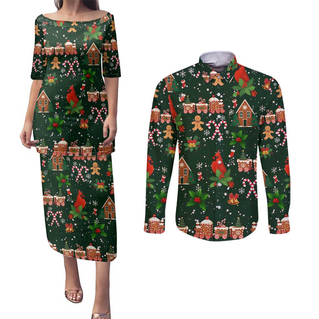 Love Cardinal Xmas Christmas Couples Matching Puletasi and Long Sleeve Button Shirt Xmas Holiday Patterns - Wonder Print Shop