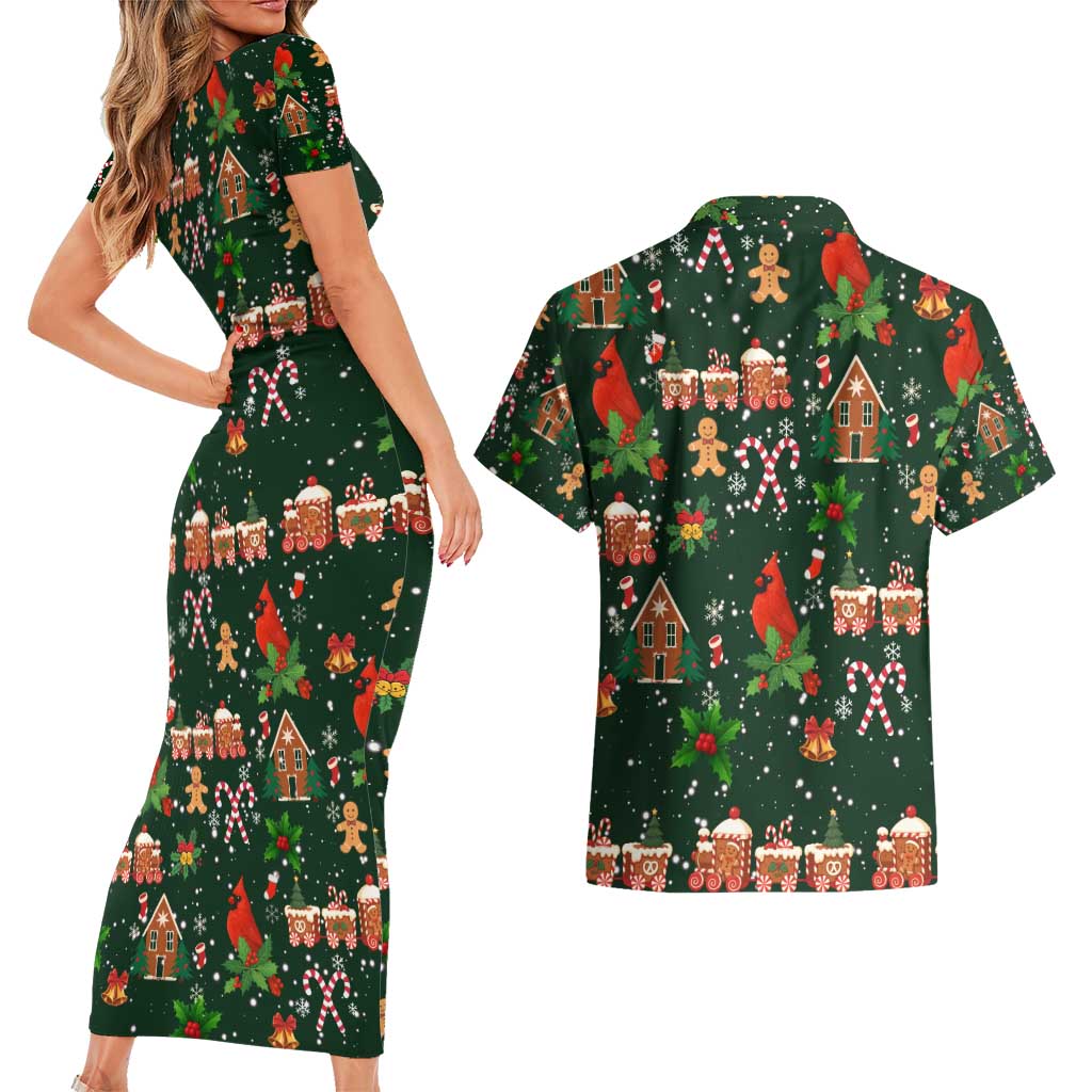 Love Cardinal Xmas Christmas Couples Matching Short Sleeve Bodycon Dress and Hawaiian Shirt Xmas Holiday Patterns - Wonder Print Shop