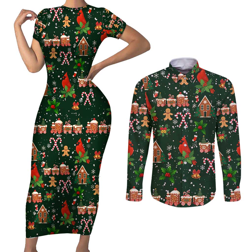 Love Cardinal Xmas Christmas Couples Matching Short Sleeve Bodycon Dress and Long Sleeve Button Shirt Xmas Holiday Patterns - Wonder Print Shop