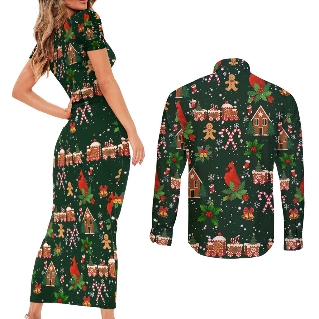 Love Cardinal Xmas Christmas Couples Matching Short Sleeve Bodycon Dress and Long Sleeve Button Shirt Xmas Holiday Patterns - Wonder Print Shop