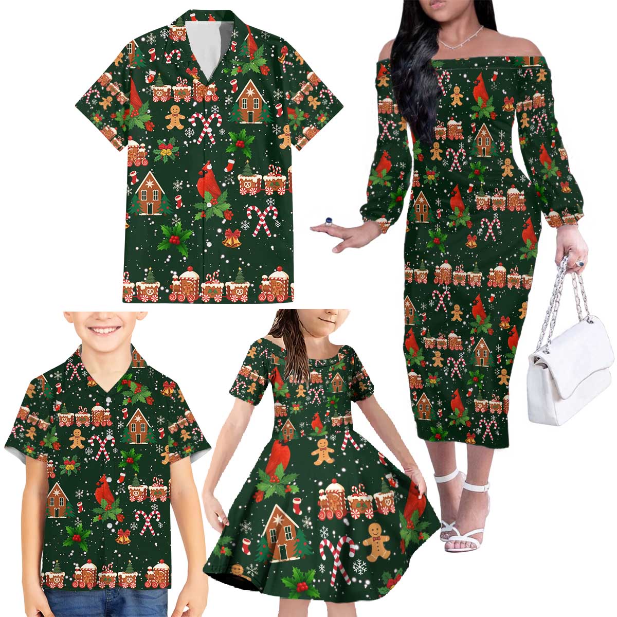 Love Cardinal Xmas Christmas Family Matching Off The Shoulder Long Sleeve Dress and Hawaiian Shirt Xmas Holiday Patterns - Wonder Print Shop