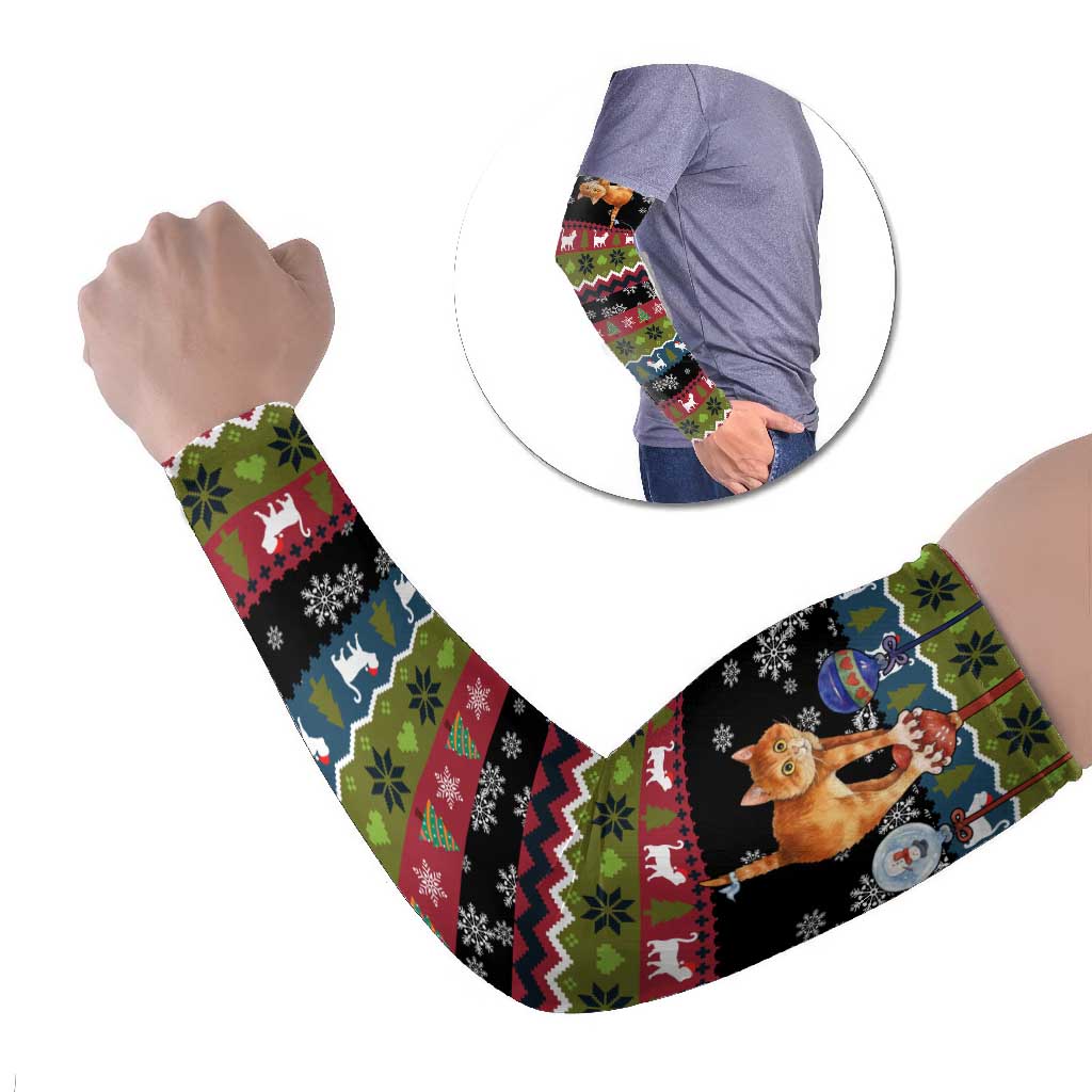 Cat Hanging on Xmas Tree Christmas Arm Sleeves Xmas Holiday Patterns - Wonder Print Shop