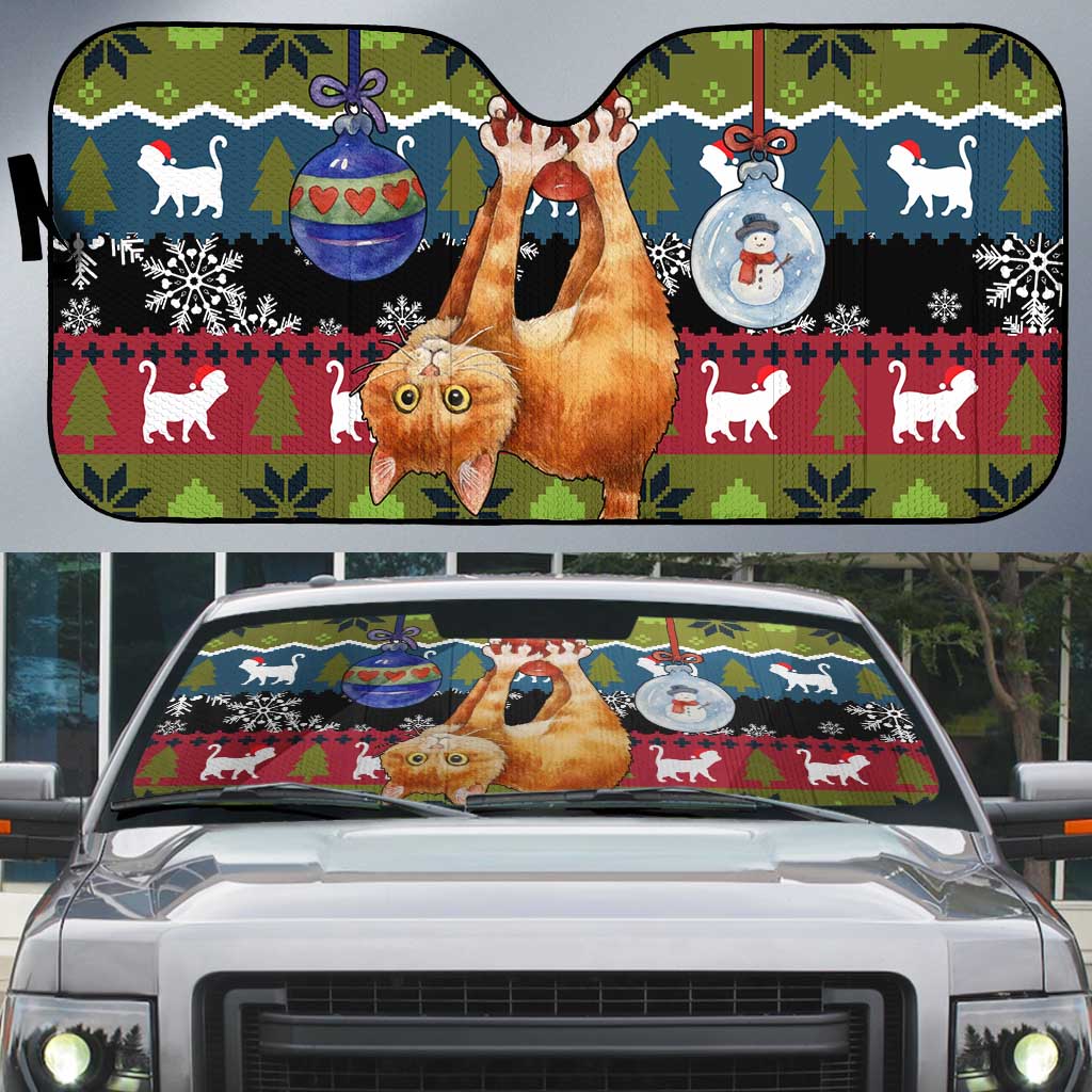Cat Hanging on Xmas Tree Christmas Auto Sun Shade Xmas Holiday Patterns - Wonder Print Shop