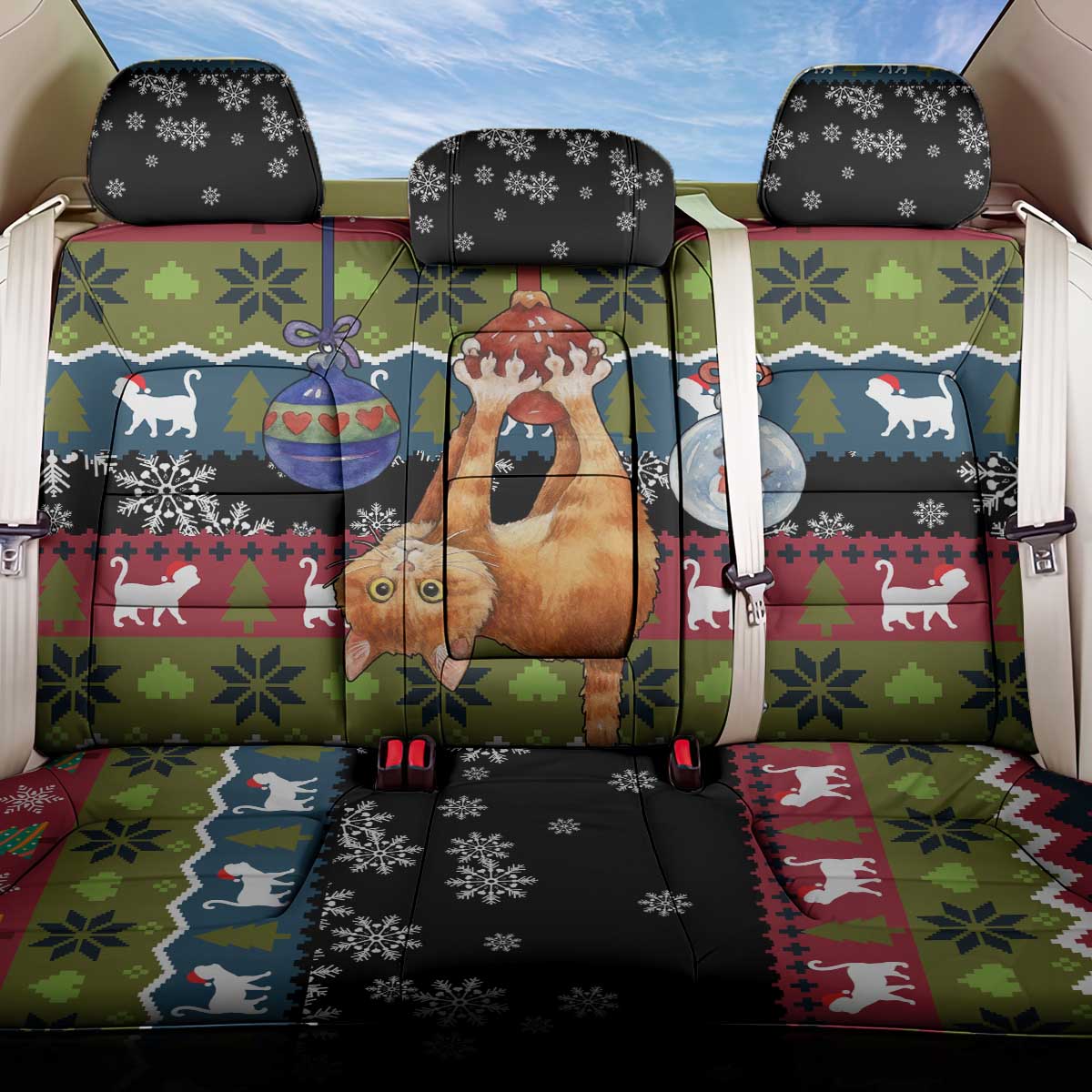 Cat Hanging on Xmas Tree Christmas Back Car Seat Cover Xmas Holiday Patterns - Wonder Print Shop
