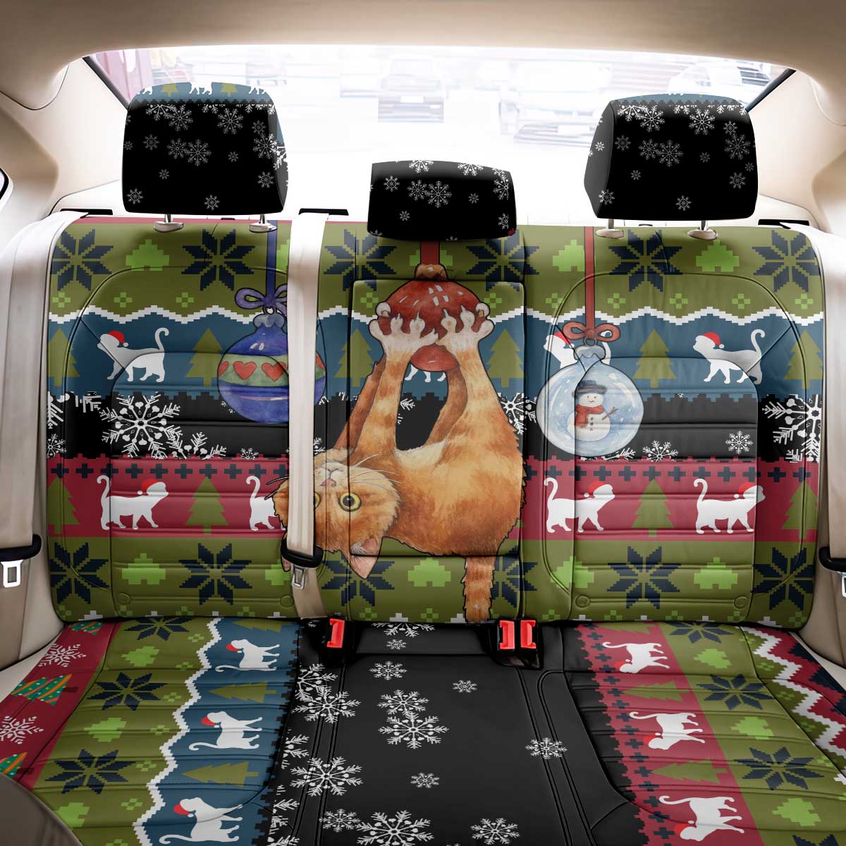 Cat Hanging on Xmas Tree Christmas Back Car Seat Cover Xmas Holiday Patterns - Wonder Print Shop