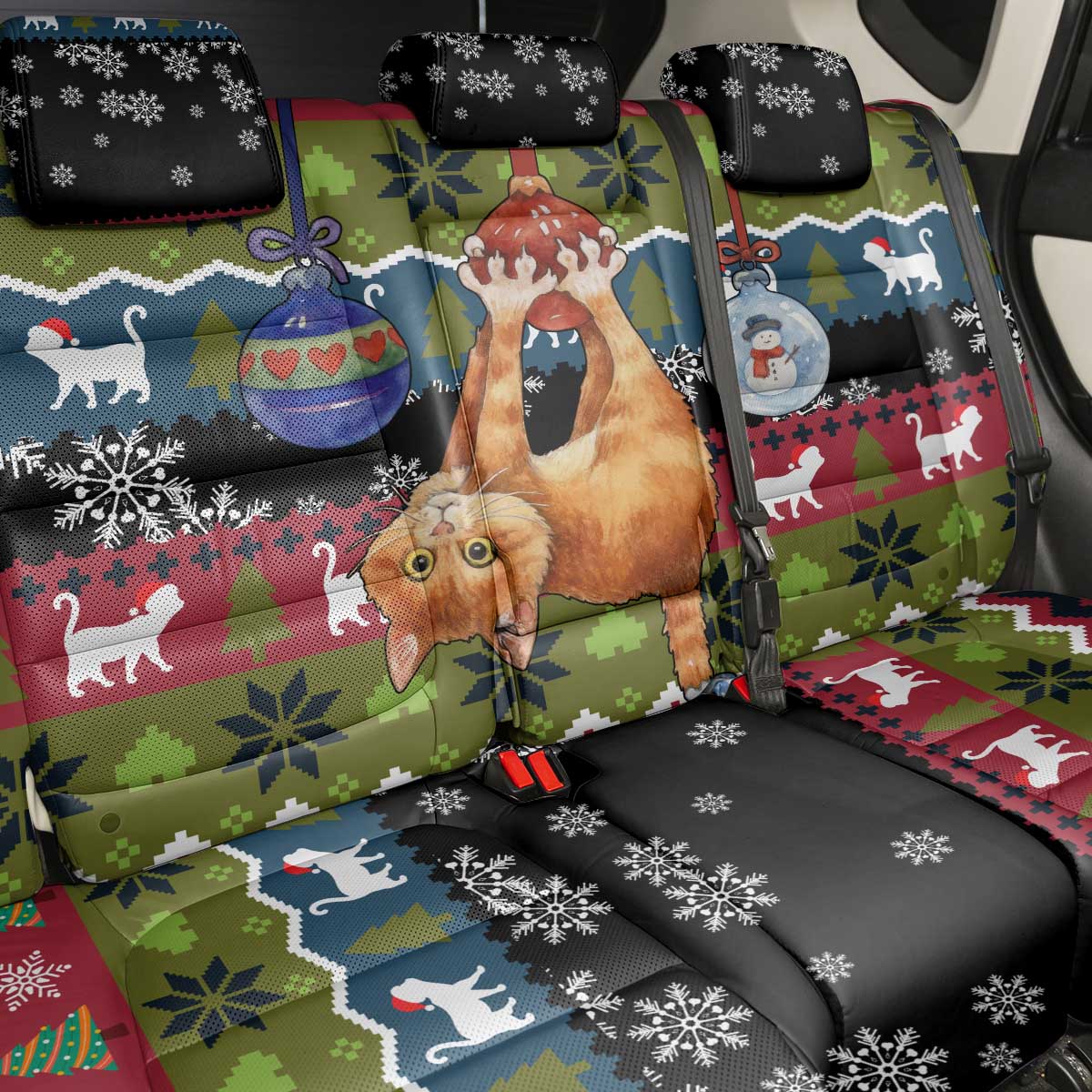 Cat Hanging on Xmas Tree Christmas Back Car Seat Cover Xmas Holiday Patterns - Wonder Print Shop