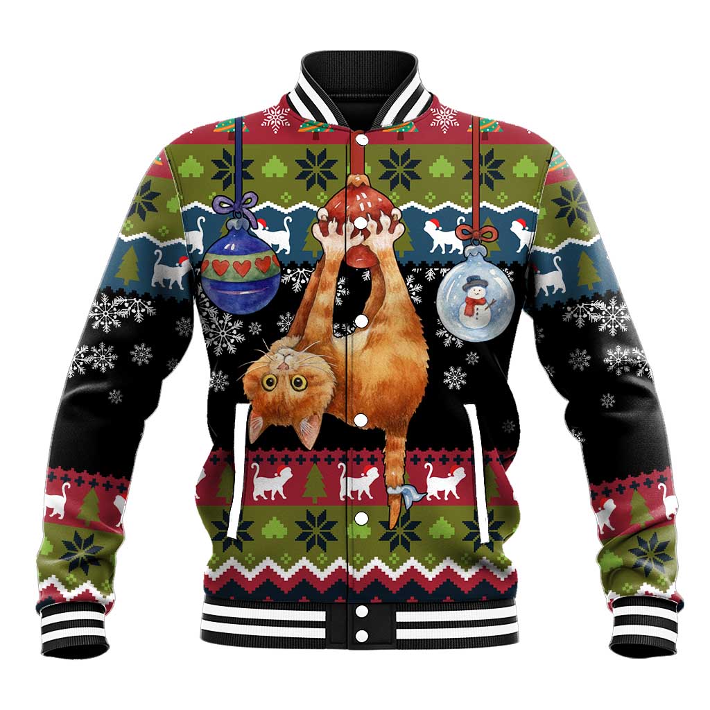 Cat Hanging on Xmas Tree Christmas Baseball Jacket Xmas Holiday Patterns - Wonder Print Shop