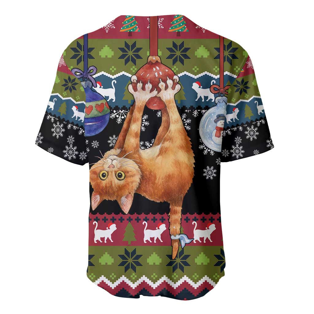 Cat Hanging on Xmas Tree Christmas Baseball Jersey Xmas Holiday Patterns - Wonder Print Shop